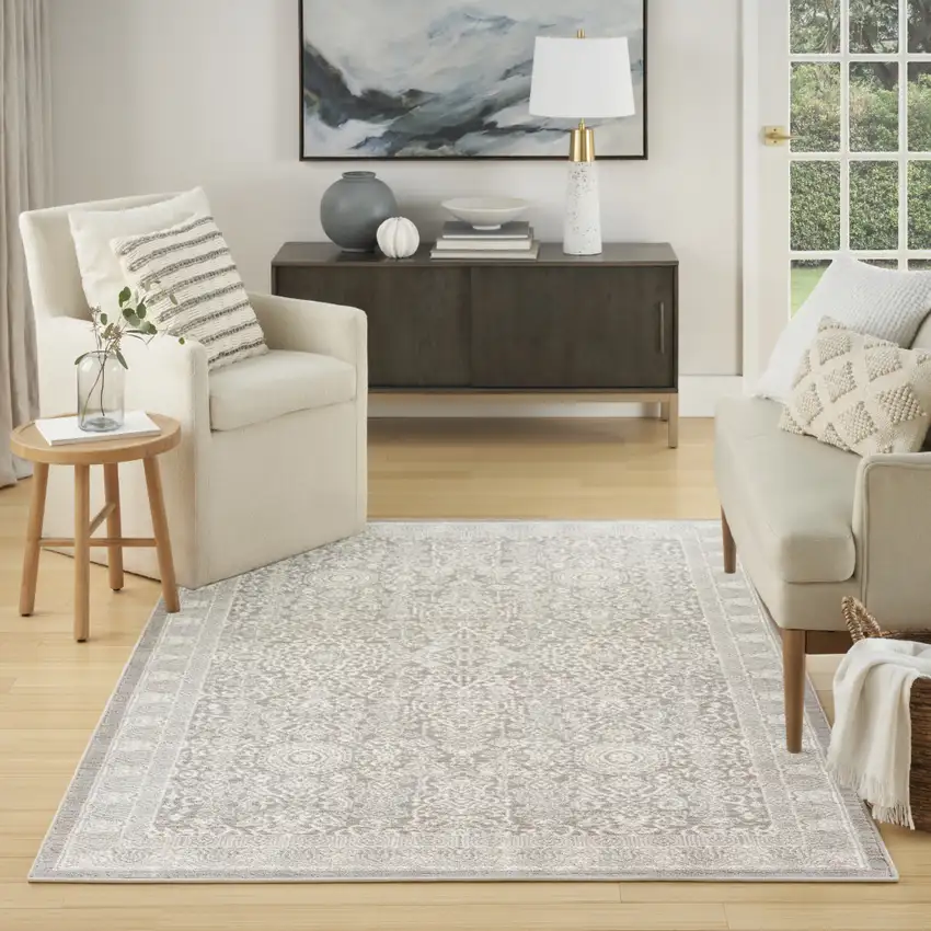 Ivory And Silver Floral Distressed Non Skid Area Rug Photo 4