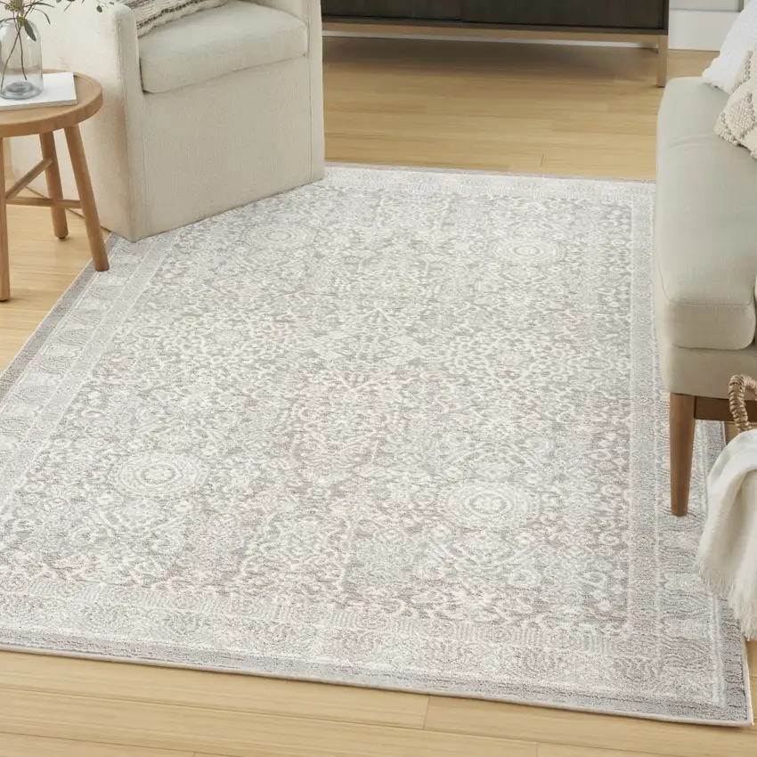 Ivory And Silver Floral Distressed Non Skid Area Rug Photo 3