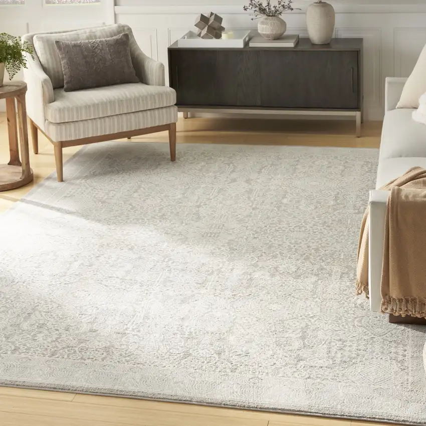 Ivory And Silver Floral Distressed Non Skid Area Rug Photo 3