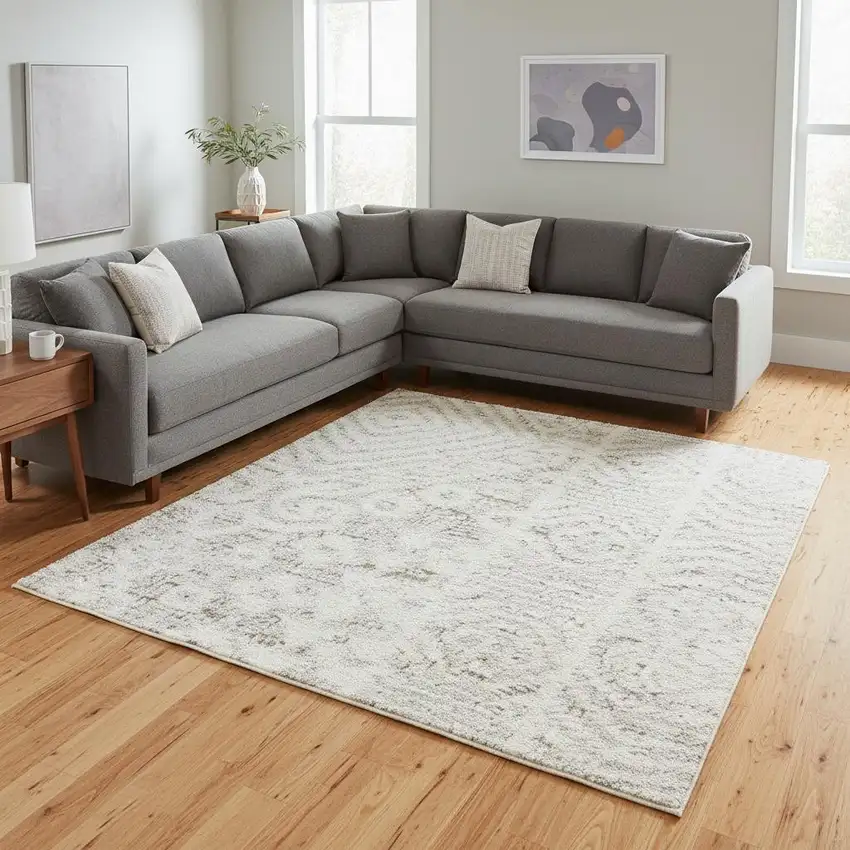 Ivory And Silver Floral Distressed Non Skid Area Rug Photo 1