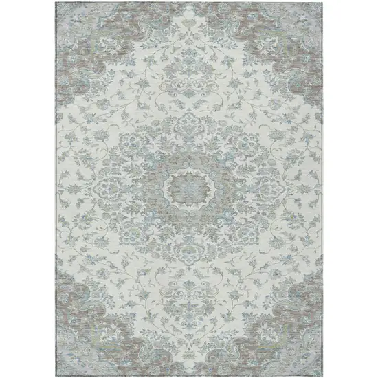 Ivory And Silver Floral Medallion Washable Indoor Outdoor Area Rug Photo 1