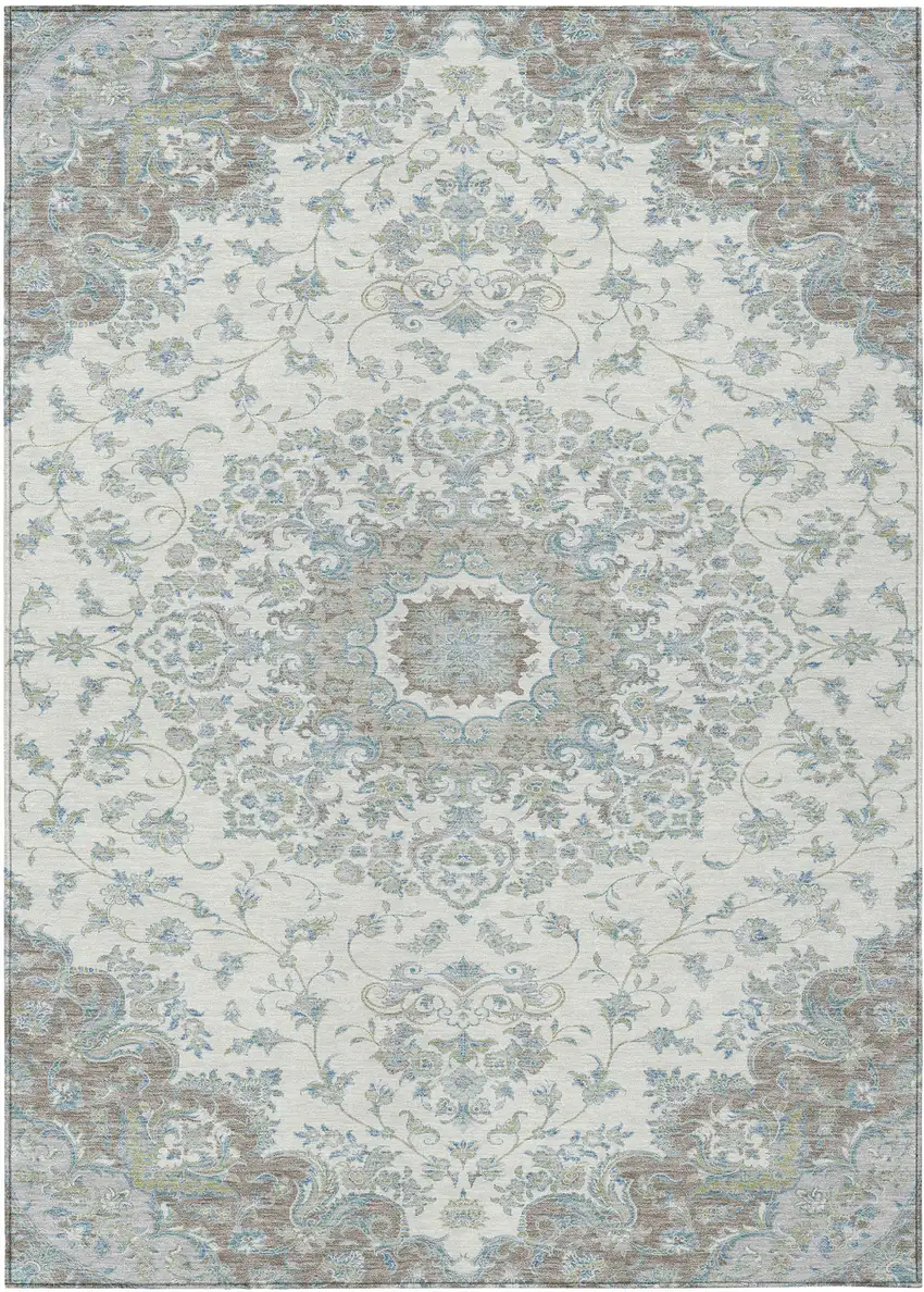 Ivory And Silver Floral Medallion Washable Indoor Outdoor Area Rug Photo 1