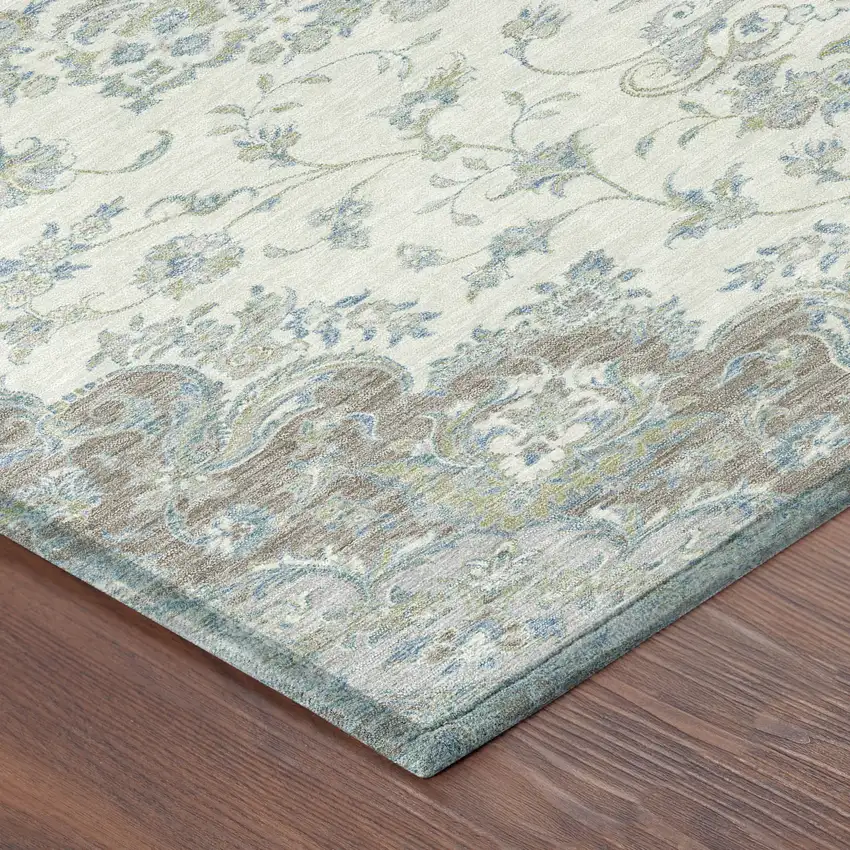 Ivory And Silver Floral Medallion Washable Indoor Outdoor Area Rug Photo 8