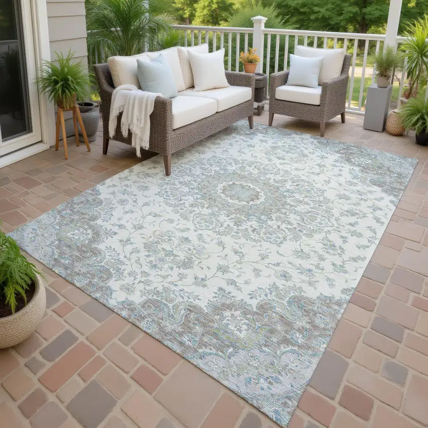 Ivory And Silver Floral Medallion Washable Indoor Outdoor Area Rug Photo 4