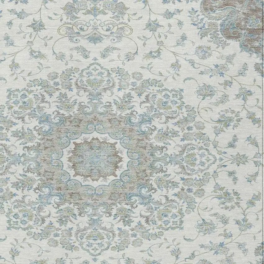 Ivory And Silver Floral Medallion Washable Indoor Outdoor Area Rug Photo 2