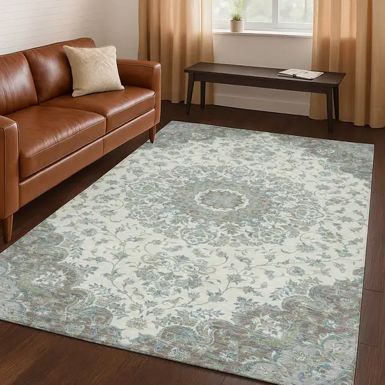 Ivory And Silver Floral Medallion Washable Indoor Outdoor Area Rug Photo 5