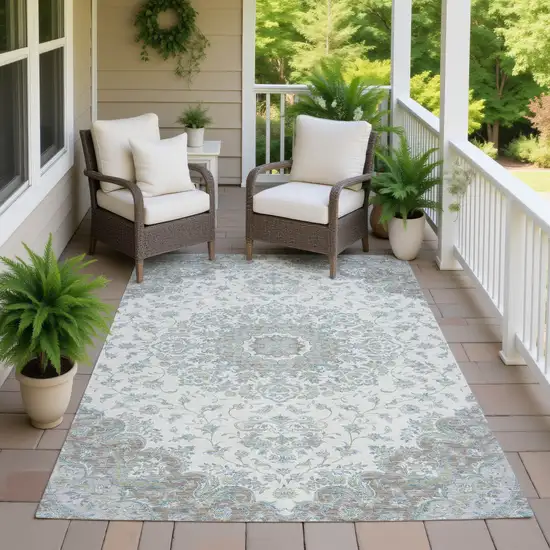 Ivory And Silver Floral Medallion Washable Indoor Outdoor Area Rug Photo 7