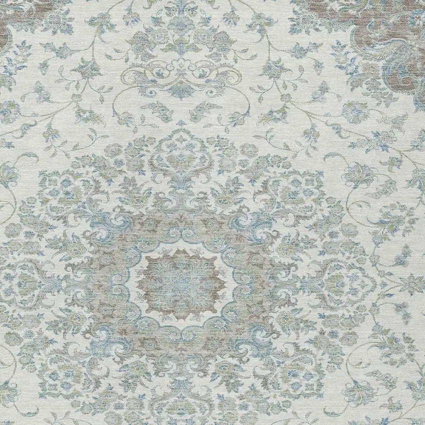 Ivory And Silver Floral Medallion Washable Indoor Outdoor Area Rug Photo 2