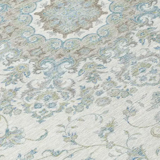 Ivory And Silver Floral Medallion Washable Indoor Outdoor Area Rug Photo 9