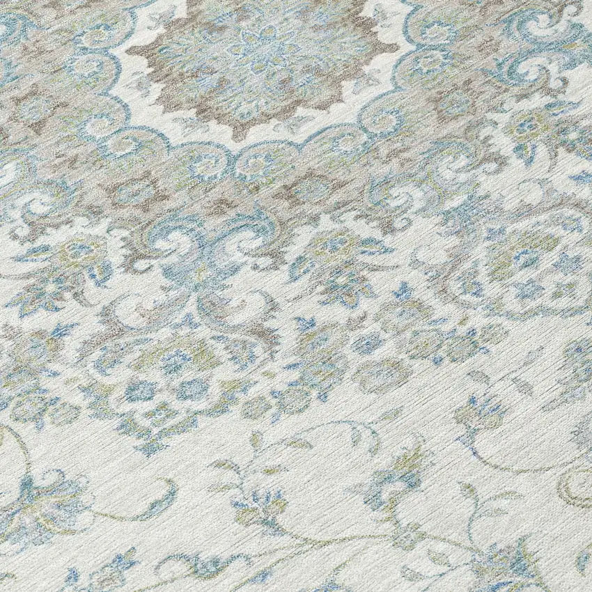 Ivory And Silver Floral Medallion Washable Indoor Outdoor Area Rug Photo 9