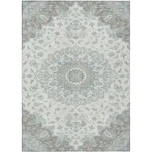 Photo of Ivory And Silver Floral Medallion Washable Indoor Outdoor Area Rug