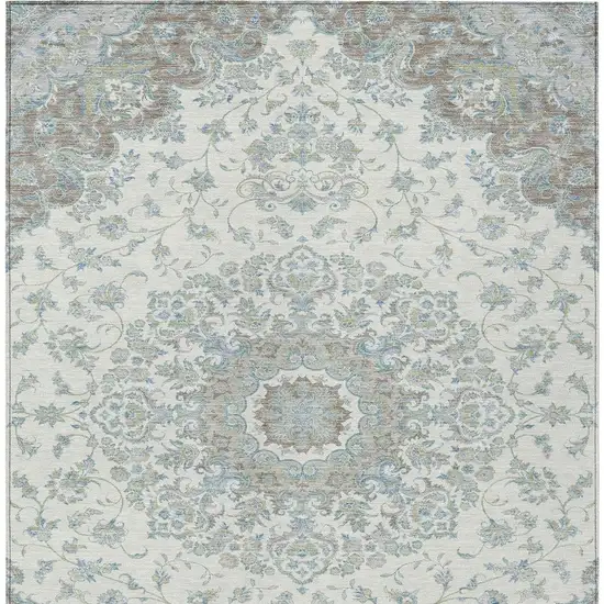 Ivory And Silver Floral Medallion Washable Indoor Outdoor Area Rug Photo 3