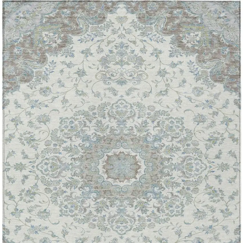 Ivory And Silver Floral Medallion Washable Indoor Outdoor Area Rug Photo 3