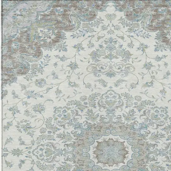 Ivory And Silver Floral Medallion Washable Indoor Outdoor Area Rug Photo 2