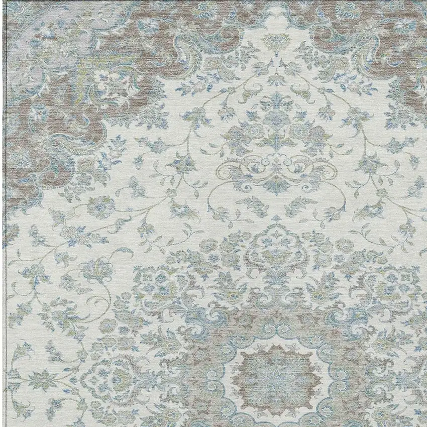 Ivory And Silver Floral Medallion Washable Indoor Outdoor Area Rug Photo 2