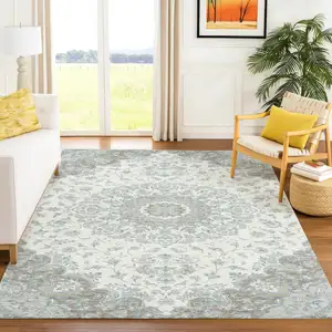 Photo of Ivory And Silver Floral Medallion Washable Indoor Outdoor Area Rug