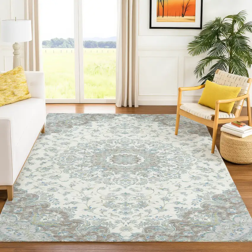 Ivory And Silver Floral Medallion Washable Indoor Outdoor Area Rug Photo 6