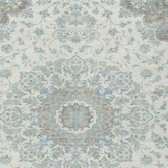 Ivory And Silver Floral Medallion Washable Indoor Outdoor Area Rug Photo 2