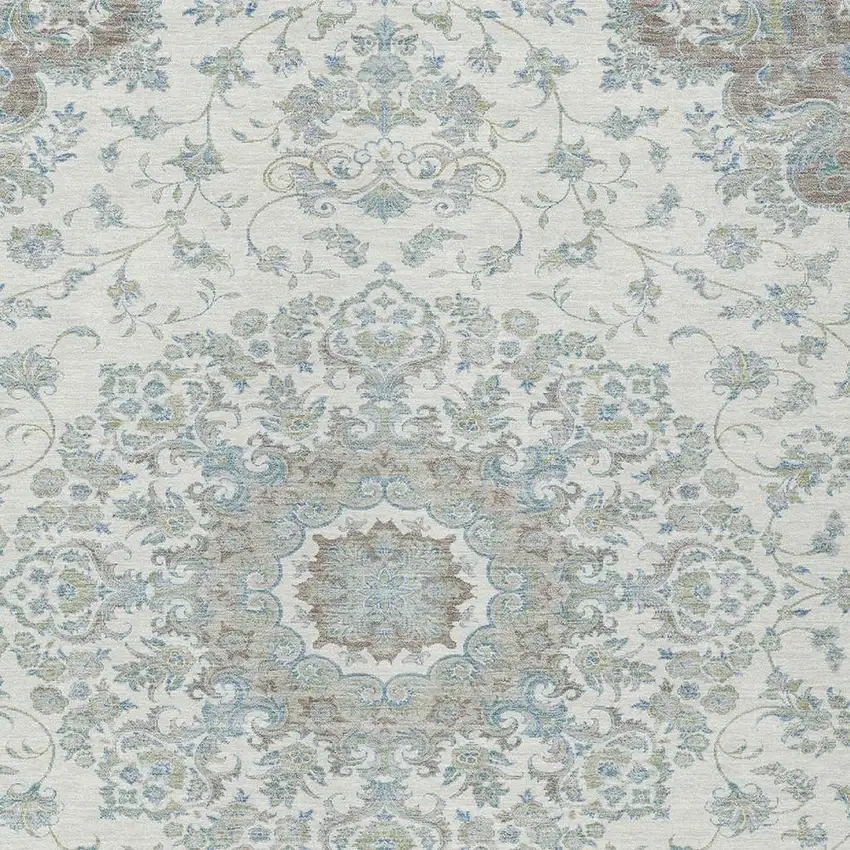 Ivory And Silver Floral Medallion Washable Indoor Outdoor Area Rug Photo 2