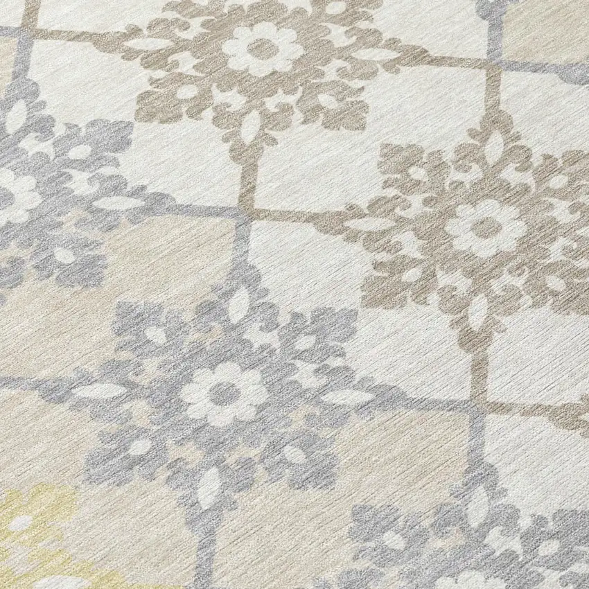Ivory And Silver Floral Medallion Washable Indoor Outdoor Area Rug Photo 4