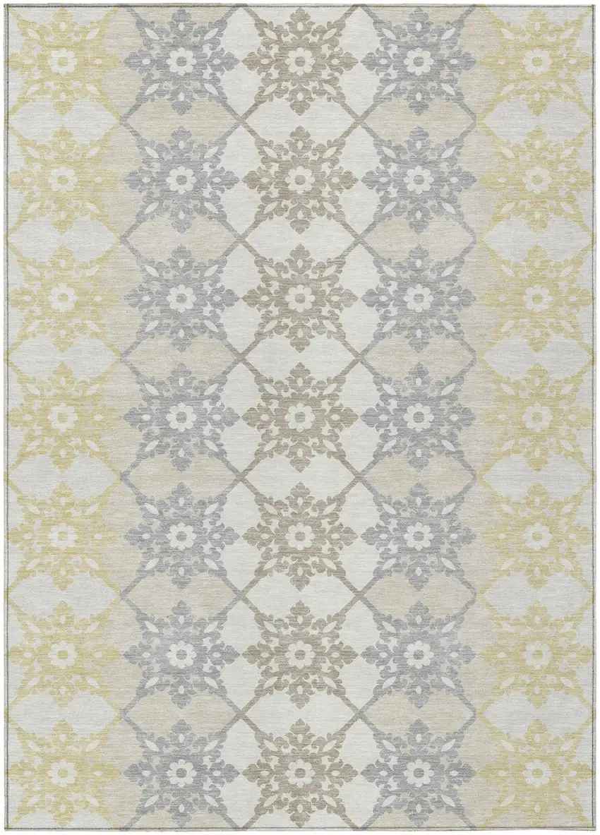 Ivory And Silver Floral Medallion Washable Indoor Outdoor Area Rug Photo 2