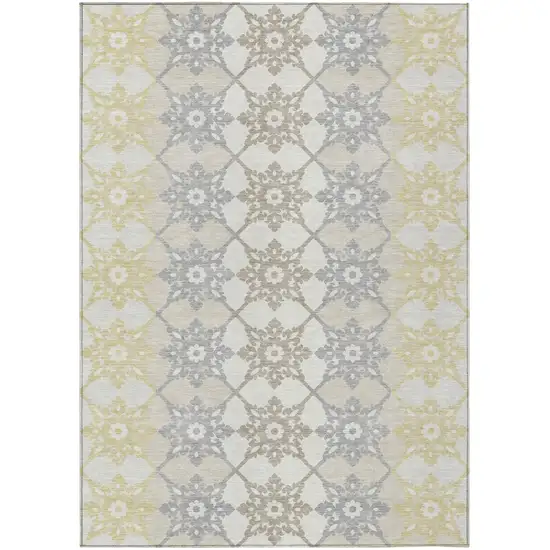 Ivory And Silver Floral Medallion Washable Indoor Outdoor Area Rug Photo 2