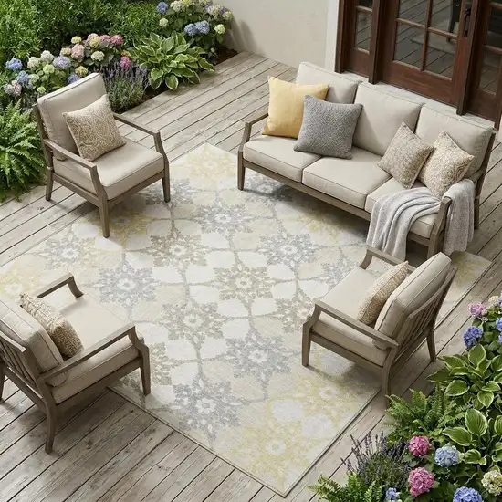 Ivory And Silver Floral Medallion Washable Indoor Outdoor Area Rug Photo 1