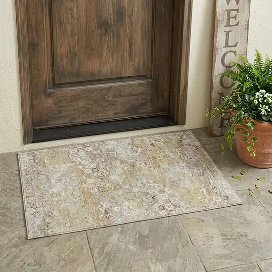 Ivory And Silver Floral Medallion Washable Indoor Outdoor Area Rug Photo 1