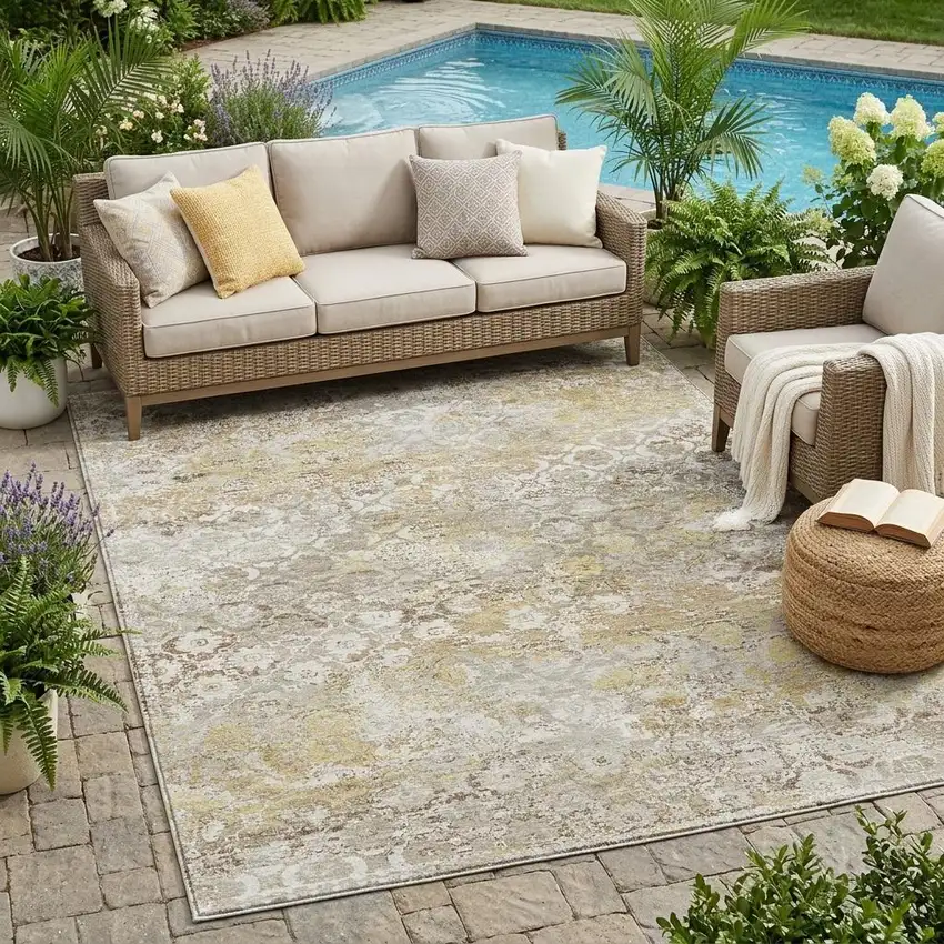 Ivory And Silver Floral Medallion Washable Indoor Outdoor Area Rug Photo 1