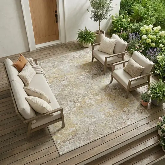 Ivory And Silver Floral Medallion Washable Indoor Outdoor Area Rug Photo 1