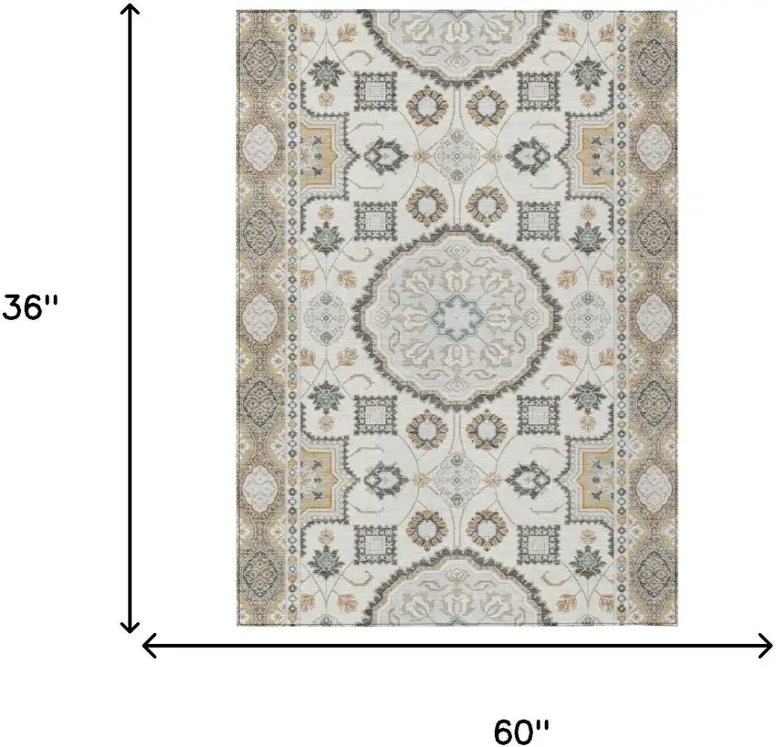 Ivory And Silver Floral Medallion Washable Indoor Outdoor Area Rug Photo 6