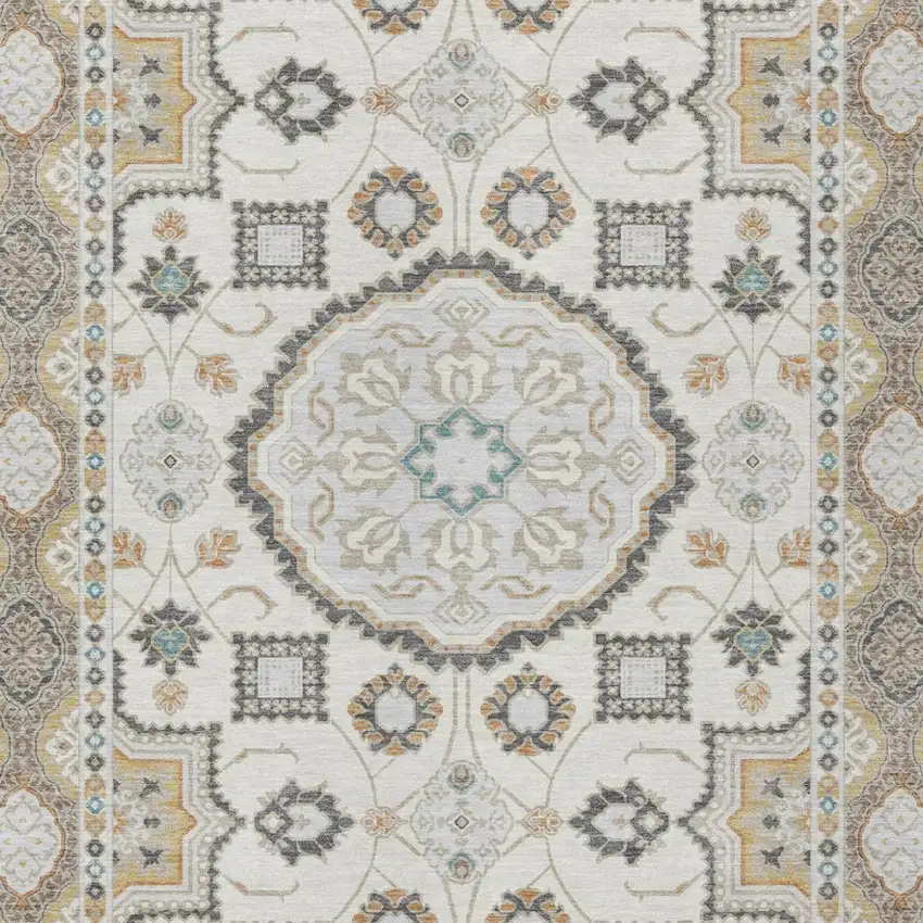 Ivory And Silver Floral Medallion Washable Indoor Outdoor Area Rug Photo 3