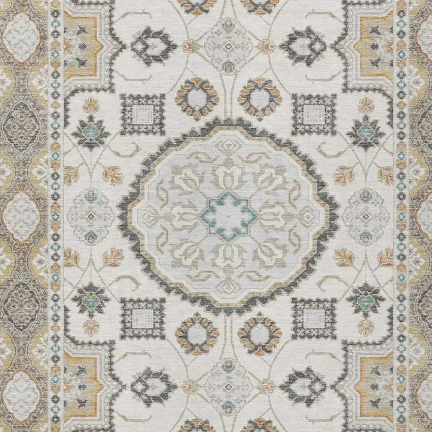 Ivory And Silver Floral Medallion Washable Indoor Outdoor Area Rug Photo 2