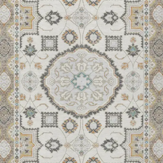 Ivory And Silver Floral Medallion Washable Indoor Outdoor Area Rug Photo 1
