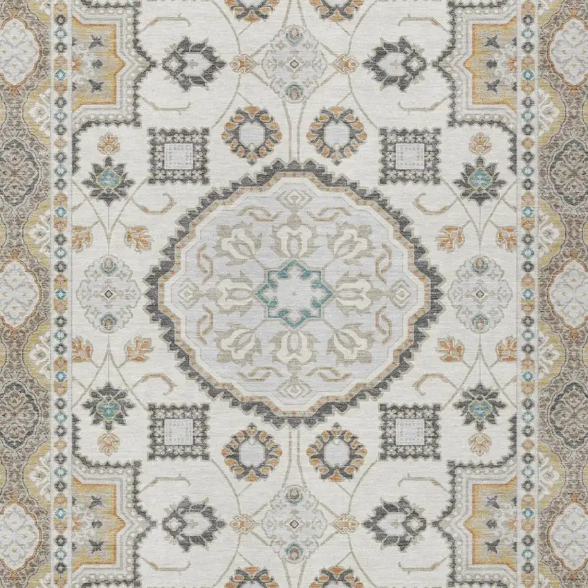 Ivory And Silver Floral Medallion Washable Indoor Outdoor Area Rug Photo 1