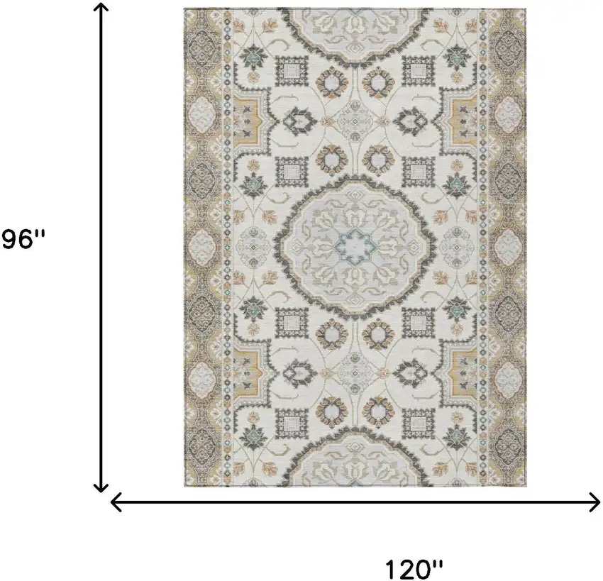 Ivory And Silver Floral Medallion Washable Indoor Outdoor Area Rug Photo 6