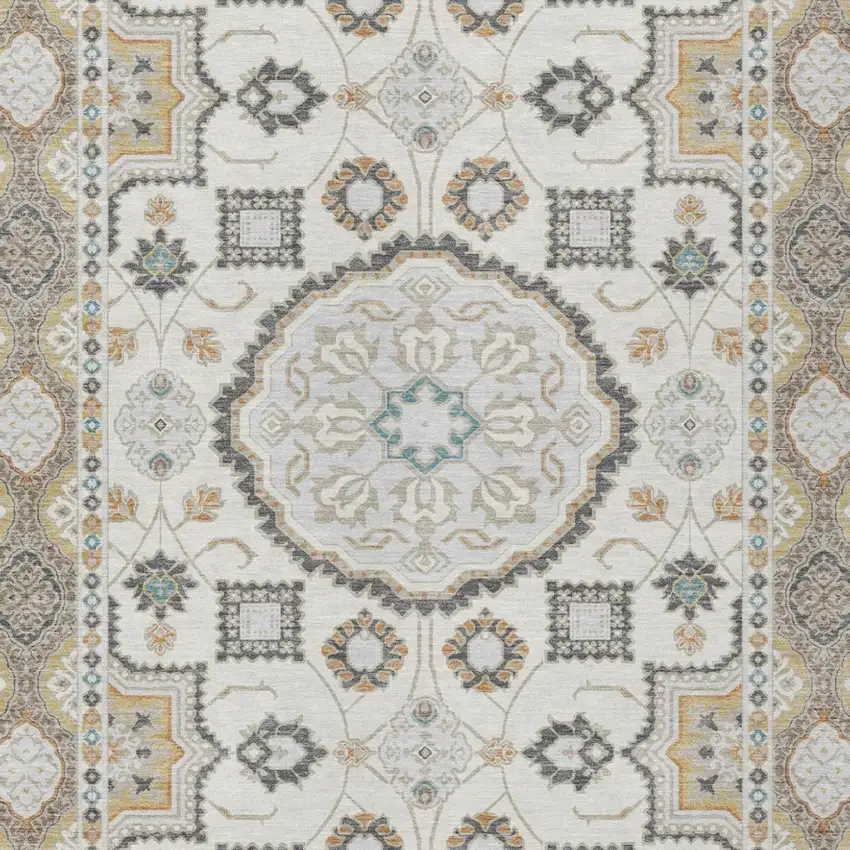 Ivory And Silver Floral Medallion Washable Indoor Outdoor Area Rug Photo 1