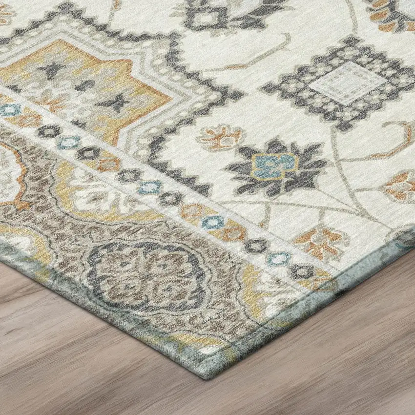 Ivory And Silver Floral Medallion Washable Indoor Outdoor Area Rug Photo 4