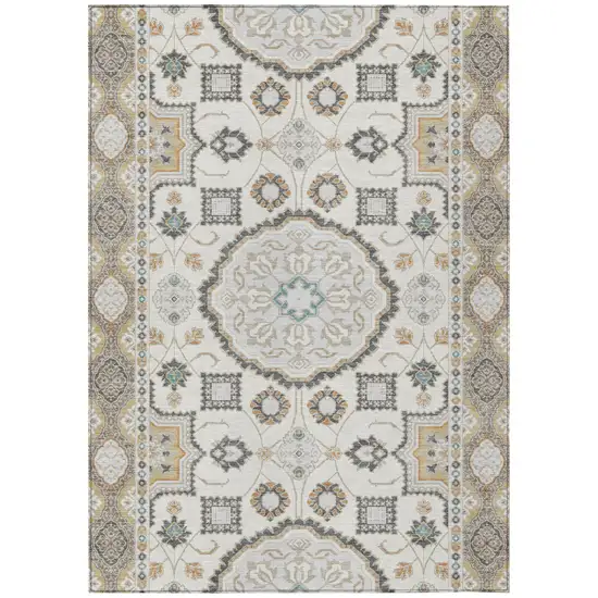 Ivory And Silver Floral Medallion Washable Indoor Outdoor Area Rug Photo 2