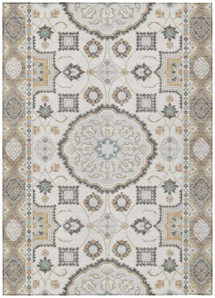 Ivory And Silver Floral Medallion Washable Indoor Outdoor Area Rug Photo 2