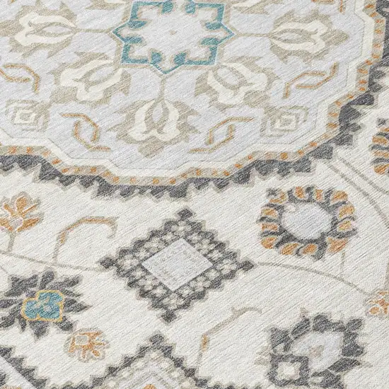 Ivory And Silver Floral Medallion Washable Indoor Outdoor Area Rug Photo 5