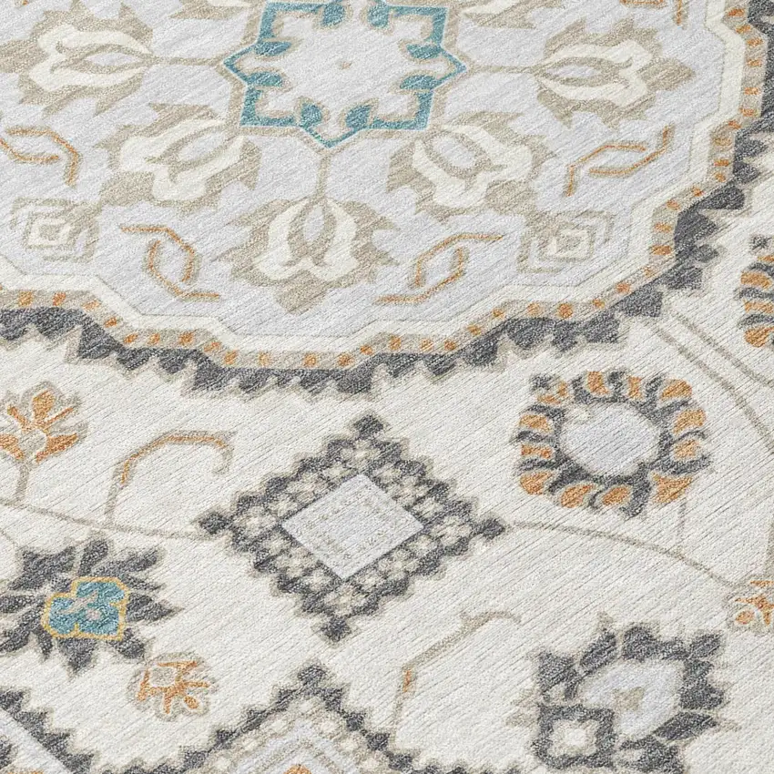 Ivory And Silver Floral Medallion Washable Indoor Outdoor Area Rug Photo 5