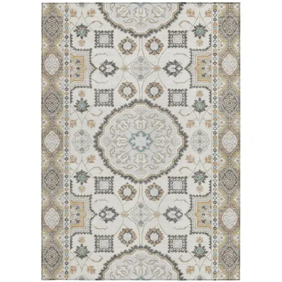 Ivory And Silver Floral Medallion Washable Indoor Outdoor Area Rug Photo 3
