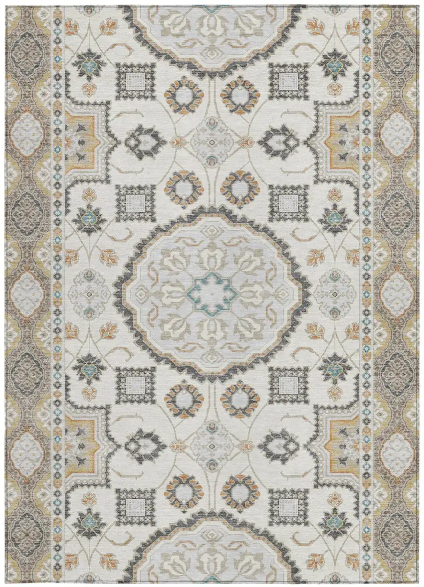 Ivory And Silver Floral Medallion Washable Indoor Outdoor Area Rug Photo 3