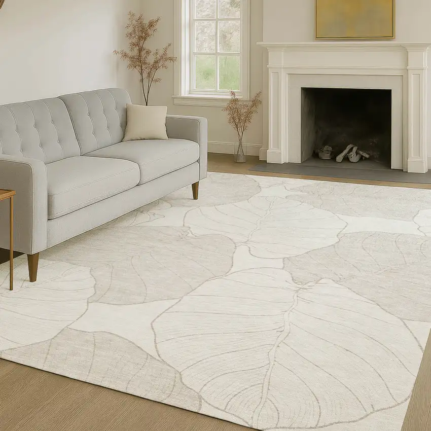 Ivory And Silver Floral Washable Indoor Outdoor Area Rug Photo 6