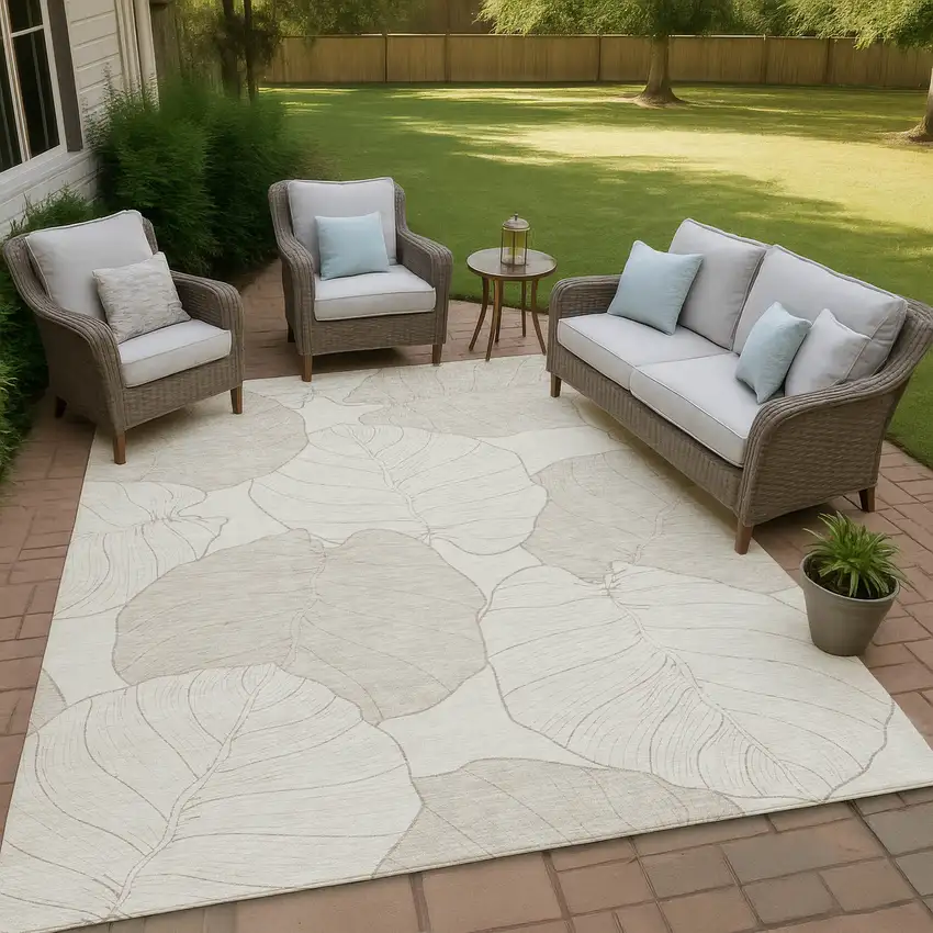 Ivory And Silver Floral Washable Indoor Outdoor Area Rug Photo 4