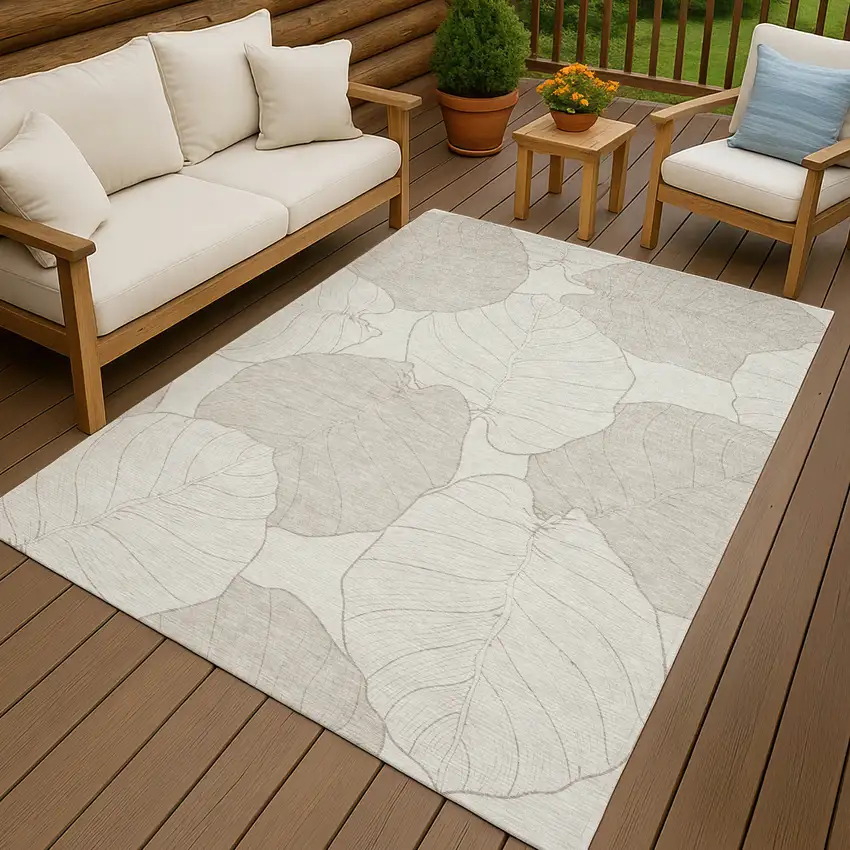 Ivory And Silver Floral Washable Indoor Outdoor Area Rug Photo 7