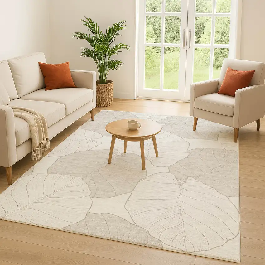 Ivory And Silver Floral Washable Indoor Outdoor Area Rug Photo 5