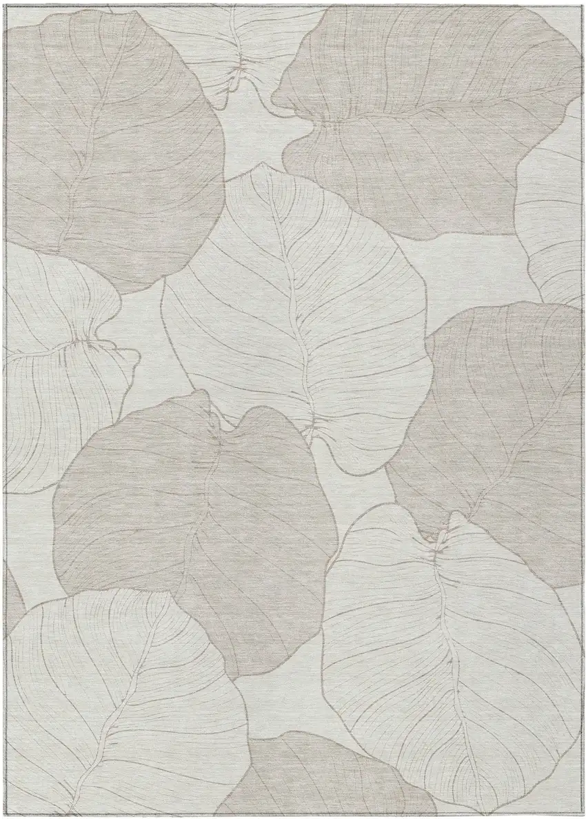 Ivory And Silver Floral Washable Indoor Outdoor Area Rug Photo 1