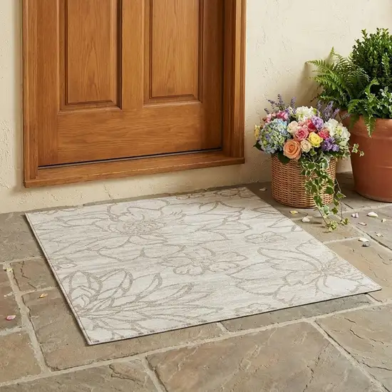 Ivory And Silver Floral Washable Indoor Outdoor Area Rug Photo 1